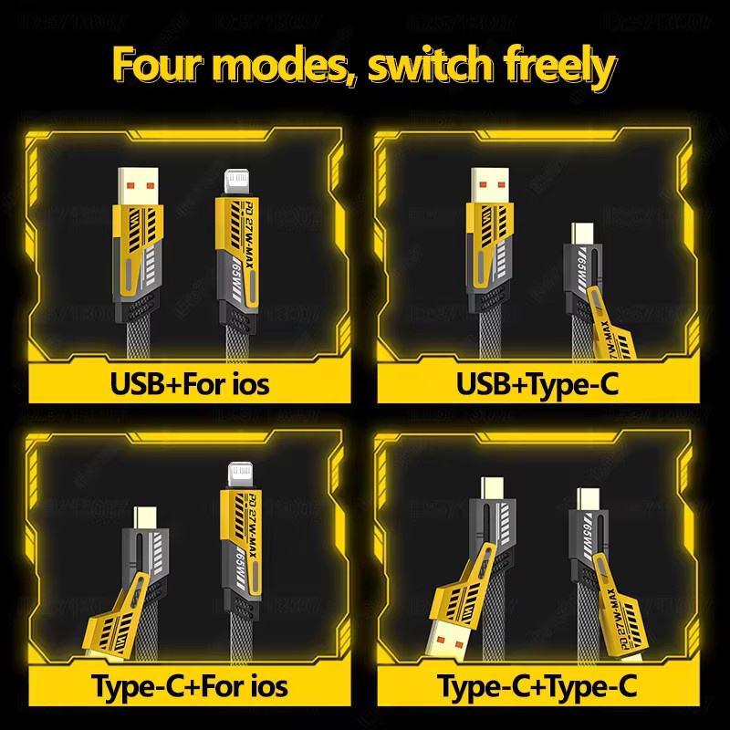 65 W 4-in-1 Schnellladegerät mit Teleskop-Feder-USB-Kabel in Gelb, 6 A, USB Typ C für iPhone, iPad, MacBook und Huawei - Bild 4
