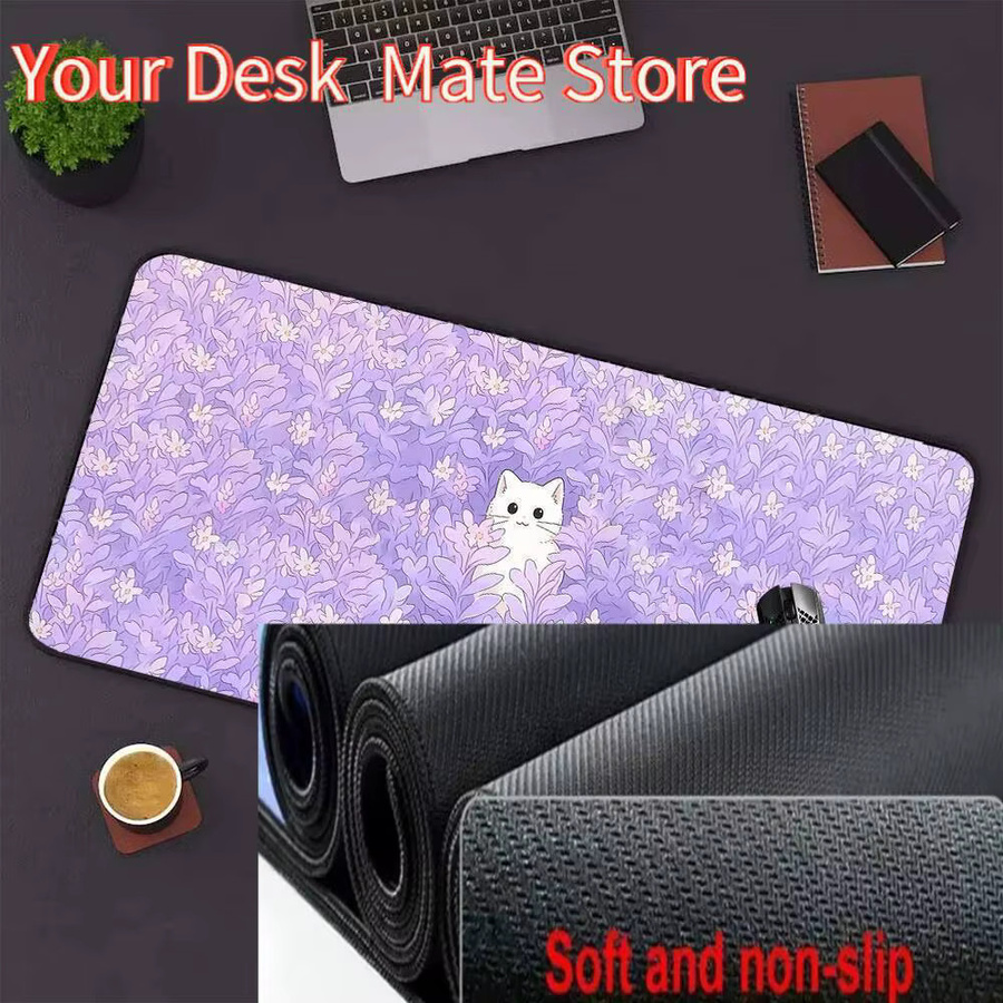 Potdemiel Mauspad Kawaii Pastell Katze in Lila, Schreibtischunterlage B/T: 80 x 40 cm - Bild 2