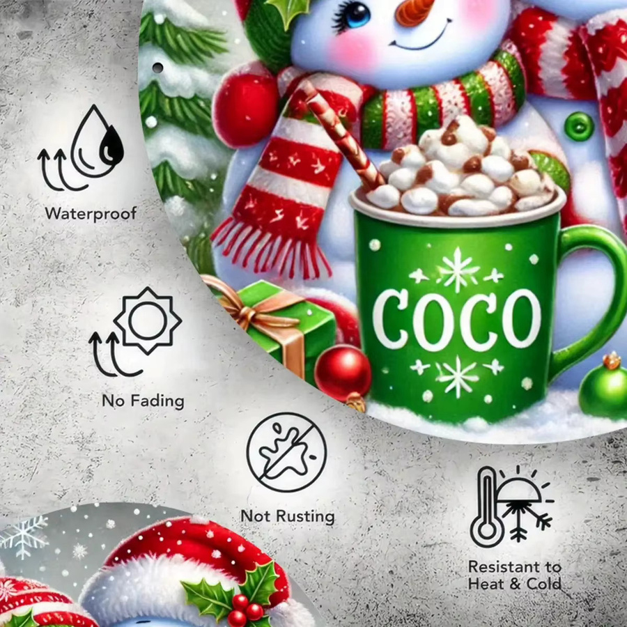 Potdemiel Metallwandkunst 2D FlatSnowman und Hot Cocoa – Rundes Blechschild für die Weihnachtsdekoration, Mehrfarbig, Durchmesser: 20 cm - Bild 6