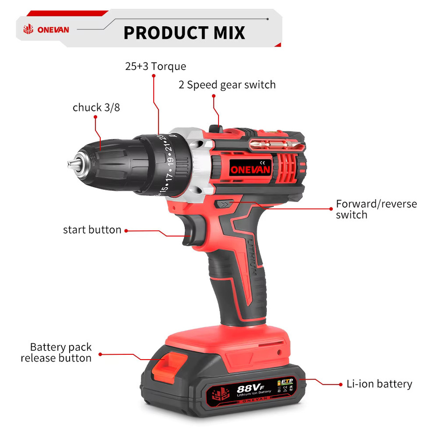 ONEVAN Akku-Bohrmaschine 500W mit 38N.M Drehmoment und Werkzeugset kompatibel mit Makita-Akku-Pin - Bild 2