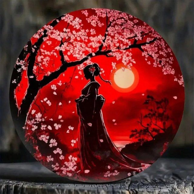 HELLOYOUNG Japanische klassische Kirschblüten-Mondlicht-Dekoration in Mehrfarbig, runde florale Wandkunst für Wohnzimmer, Schlafzimmer oder Küche - Bild 1