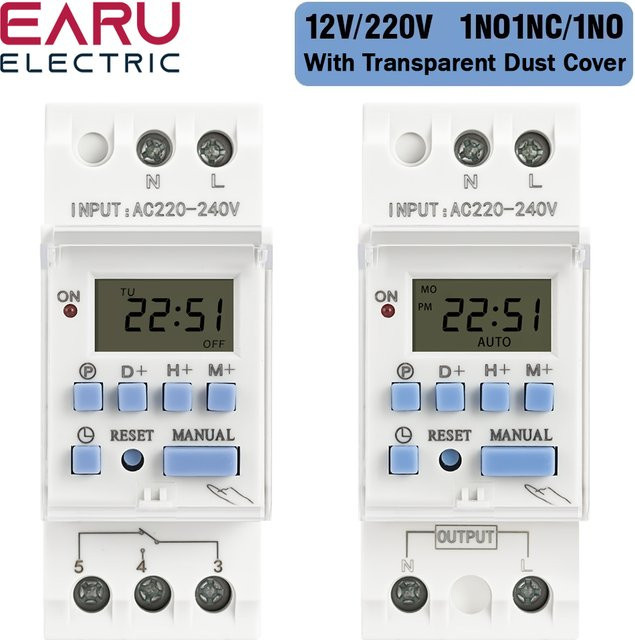 EARU Elektronischer 7-Tage-Zeitschalter mit LCD-Digitalanzeige zur DIN-Schiene, 220V DC/AC, 12V, 15A/30A, Relaissteuerung 1NO/1NC, Weiß - Bild 1