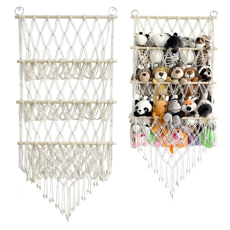 Meltset Spielzeug-Aufbewahrungsnetz im böhmischen Stil, 3-lagiger Wand-Organizer aus Gewebe und Seil für Plüschtiere, Beige/Weiß - Bild 1