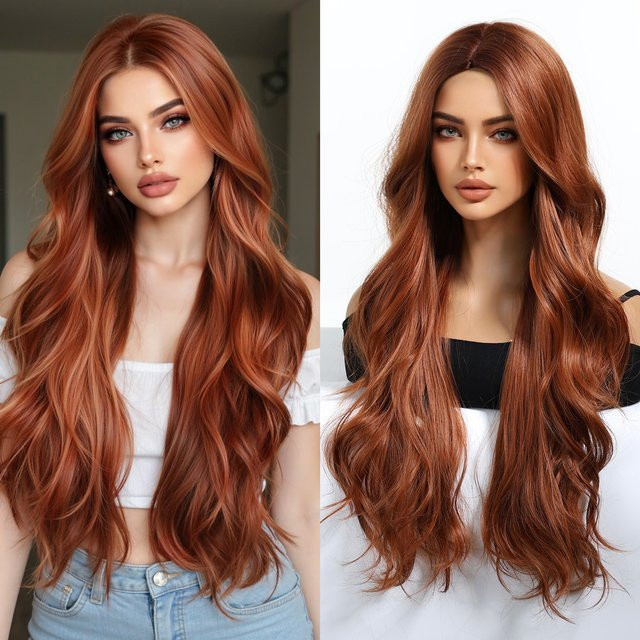 HAIRCUBE Perücke, lange gewellte synthetische Faser, Kupfer Rot Braun, Damen - Bild 1