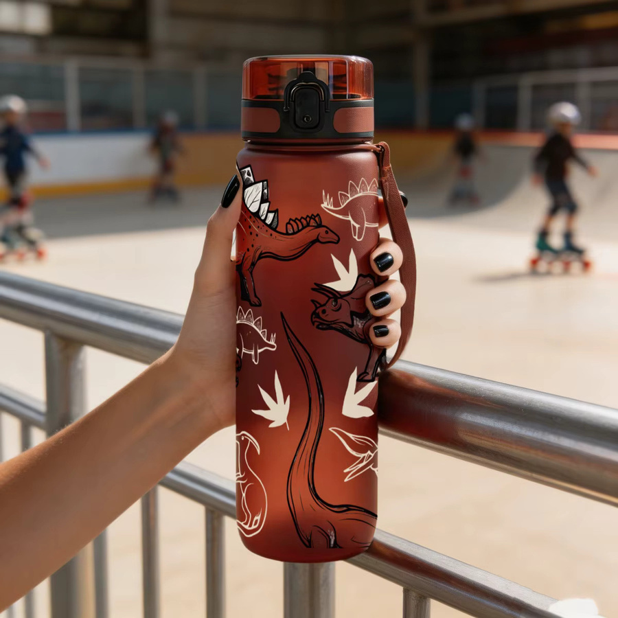Auslaufsichere Kinder-Wasserflasche mit Dinosaurier-Aufdruck in Rot, 750 ml tragbarer Sportbecher mit Klappdeckel für Schule und Outdoor - Bild 2