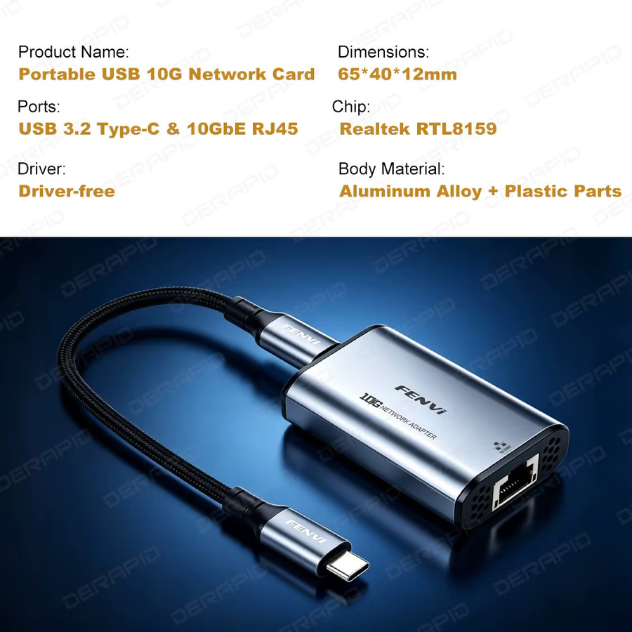 DERAPID USB-C auf 10GbE Ethernet-Adapter, USB 3.2 Gen2x2 zu RJ45 Externe Netzwerkkarte mit RTL8159 Chip, Silber - Bild 2