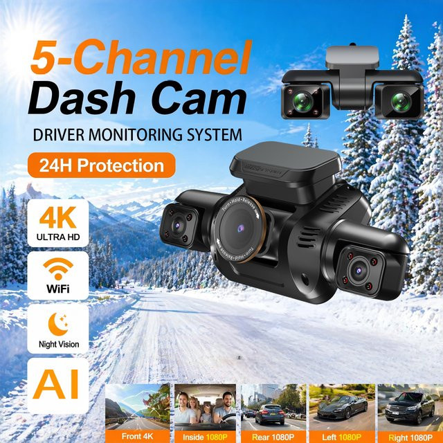 HUPEJOS V8 Ultra-5CH 4K Dash Cam mit AI Driver Monitor System DMS, GPS und WiFi, Schwarz - Bild 1