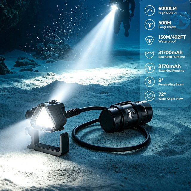 Wurkkos D1 Tauchlampe in Schwarz mit 6000lm Leuchtkraft und 46950 Akku für Höhlen-, Wrack- und Nachttauchen - Bild 1
