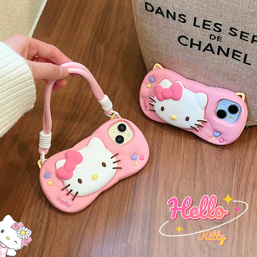 Sanrio Hello Kitty Handyhülle aus weichem Silikon mit 3D-Kopfgriff und Umhängeband für iPhone 12 bis iPhone 17 Pro Max, Farbe: Pink - Bild 3
