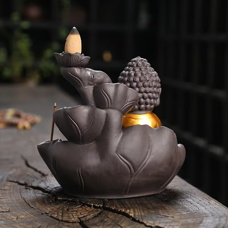 MINIDEAL Zen Buddha Rückfluss-Räuchergefäß aus Keramik in Lila mit Lotus-Design für Aromatherapie - Bild 1