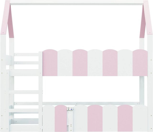 Merax Kinder-Etagenbett im Hausdesign mit Sicherheitsgitter, Farbe: Rosa/Weiß, B/T/H: 204 x 90 x 181,5 cm - Bild 1