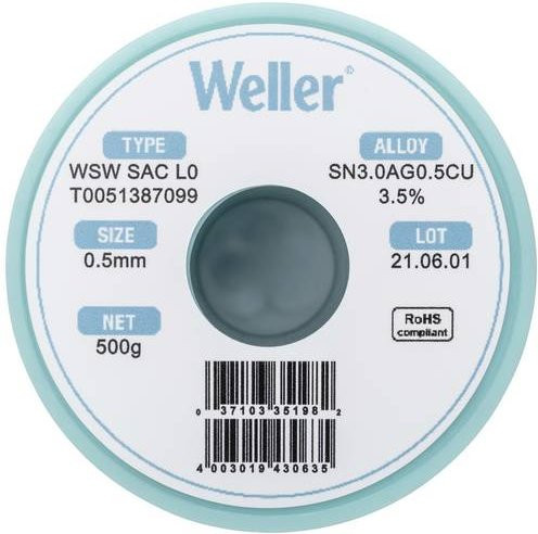 Weller WSW SAC L0 Lötzinn bleifrei Sn3,0Ag0,5Cu 0,5mm 500g - Bild 1