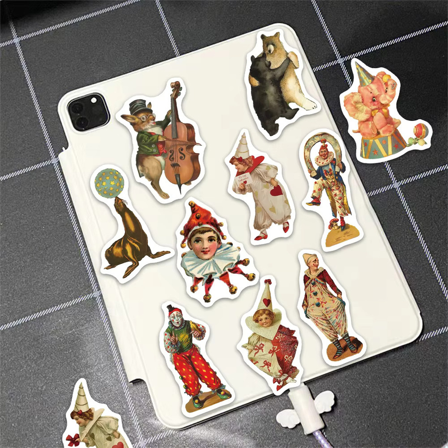 Retro Zirkus Aufkleber Set mit Clown und Akrobatik Motiven, wasserfeste PVC Dekoration für Laptop und Gitarre, Mehrfarbig - Bild 2