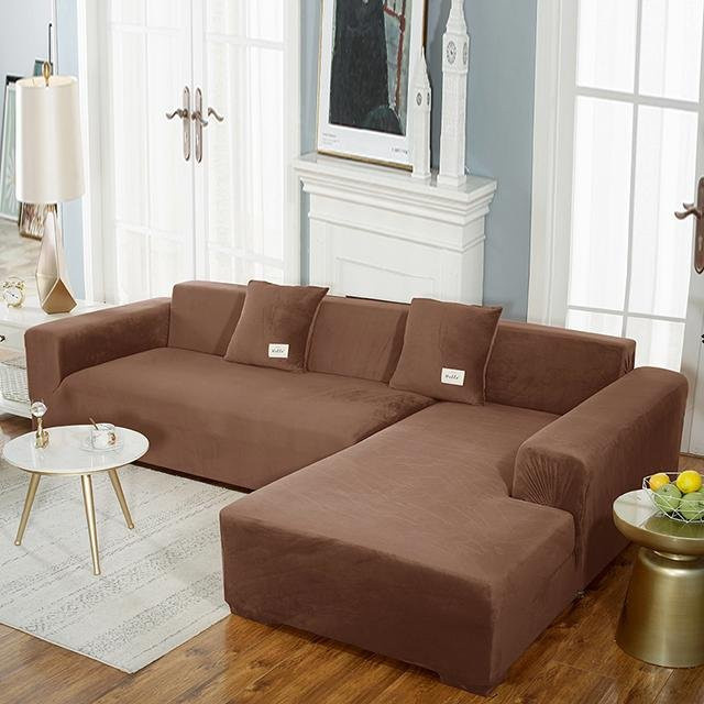 BRHUIXUE Samt-Sofabezug für Ecksofas, elastischer L-förmiger Couch-Schonbezug aus Fleece in Braun, 4-Sitzer, Breite: 230-300 cm - Bild 1