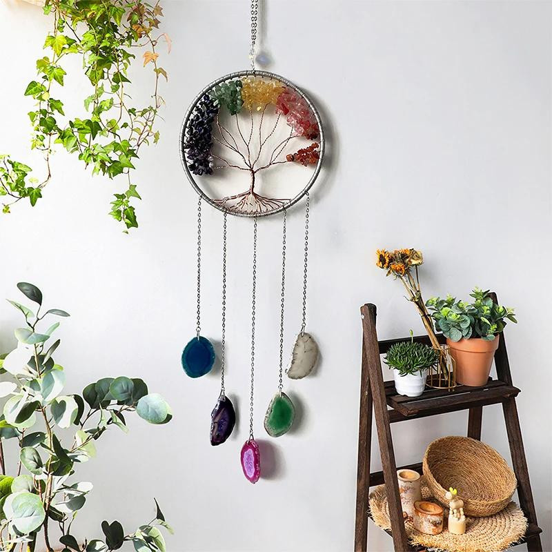 7 Chakra Edelstein Lebensbaum Traumfänger aus farbigem Achat als Wandbehang und Windspiel in Multicolour - Bild 1