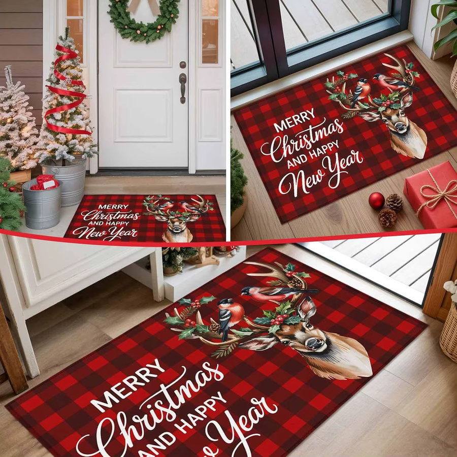 VIKAMA Weihnachts-Elch Willkommensmatte in Schwarz und Rot mit Karomuster für Wohnzimmer und Außeneingang - Bild 3