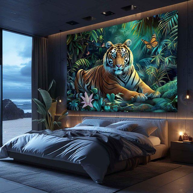 VIKAMA Wandteppich mit Tiger-Motiv im tropischen Dschungel-Design zur Wanddekoration - Bild 1