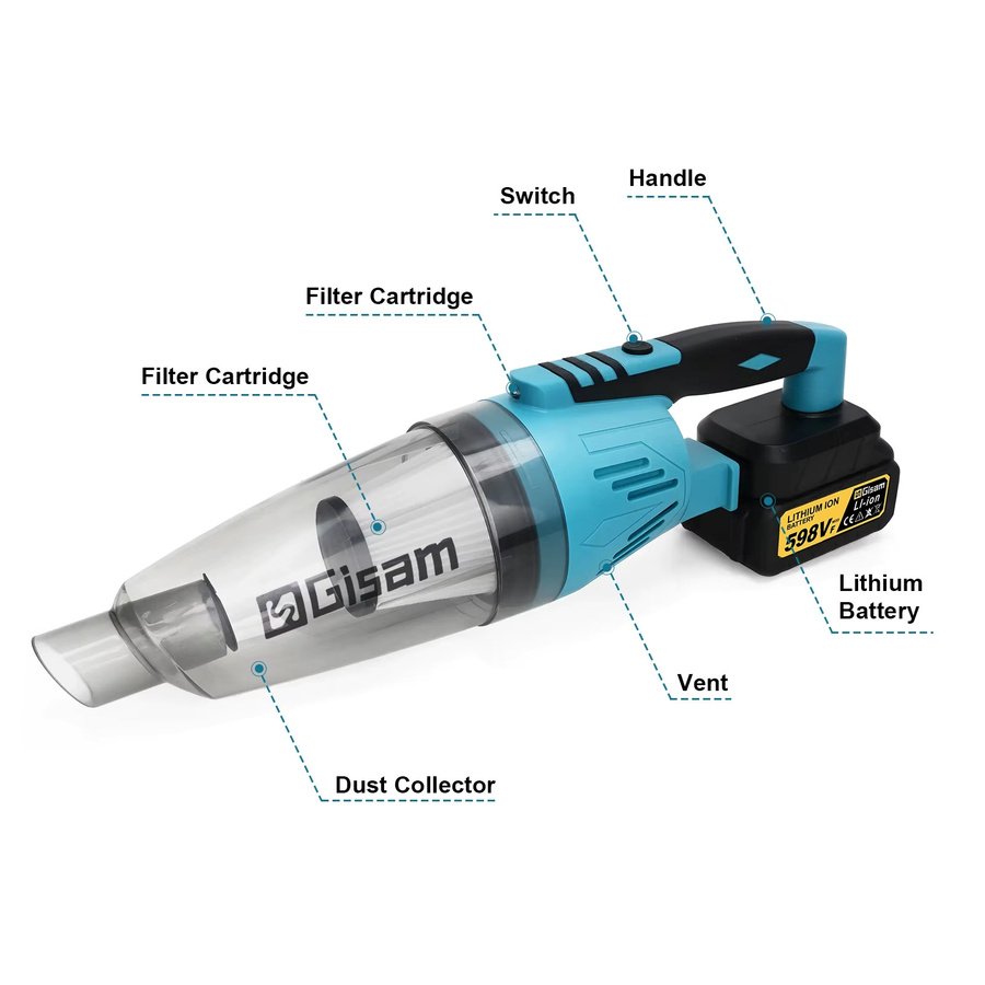 Gisam Akku-Handstaubsauger mit 12kPa Saugkraft, kabelloser Multifunktionsreiniger in Blau für Makita 18V Akku - Bild 6