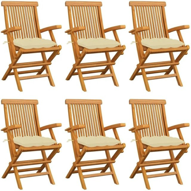 6er Set vidaXL Gartenstühle aus Teak-Massivholz mit cremeweißen Polsterkissen, stapelbar und mit Armlehnen - Bild 1