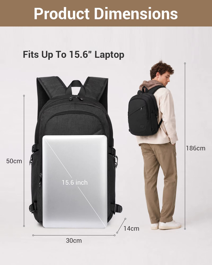 Kono Laptop-Rucksack mit Diebstahlschutz für Reisen und Business, passend für Laptops bis 15,6 Zoll in Schwarz oder Blau - Bild 5