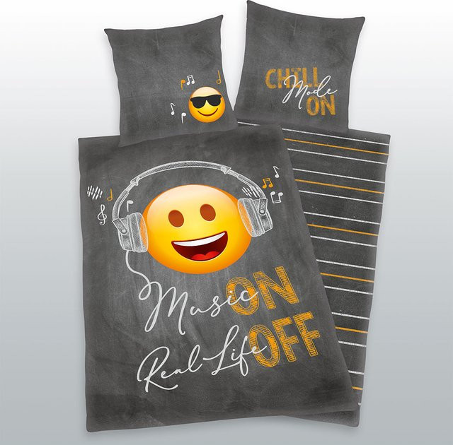 Emot!x Bettwäsche Set mit Emoticons Motiv aus Baumwolle, reversibel, mit sichtbarem Reißverschluss, OEKO-TEX Standard 100, Kopfkissen B/H: 80 x 80 cm, Bettbezug B/H: 135 x 200 cm - Bild 1