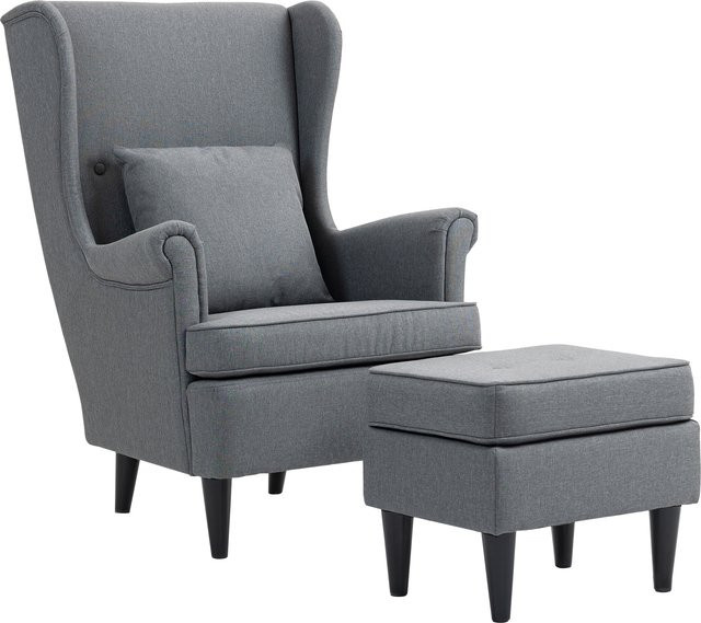 HOMCOM Ohrensessel mit Hocker in Grau, moderner Relaxsessel mit Leinenoptik und Lendenkissen für dein Wohnzimmer - Bild 1