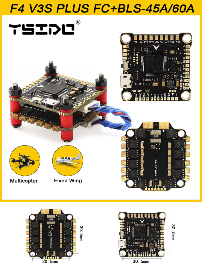 YSIDO F4 V3S Plus Flugcontroller und BLS 45A/60A 4-in-1 ESC Stack in Schwarz für RC FPV Racing Drohnen und Quadcopter, unterstützt BetaFlight und INAV - Bild 3