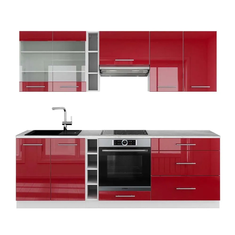 Vicco Fame-Line Küchenzeile Bordeaux Hochglanz und Weiß mit Marmor-Optik, Breite: 235 cm - Bild 2