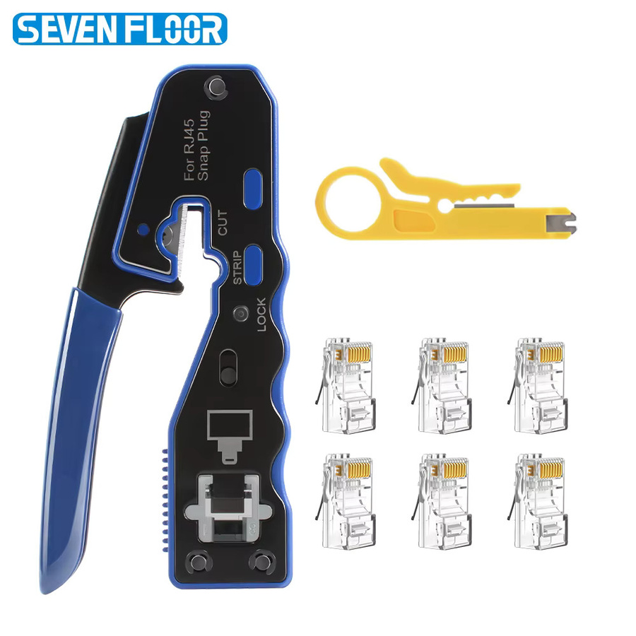 RJ45-Durchgangs-Crimpzange für Cat6 und Cat5e Ethernet-Netzwerkstecker mit Abisolierzange, 6 Stück 8P8C modulare LAN-Stecker in Blau - Bild 1