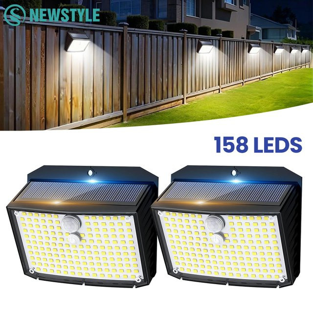 Solar-Wandleuchte mit 158 LEDs und Bewegungssensor, wasserdichte Außenleuchte in Schwarz für Terrasse und Garten mit 3 Beleuchtungsmodi - Bild 1