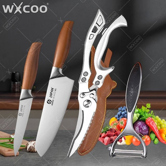WXCOO Japanisches Küchenmesser-Set aus Edelstahl in Silber mit Holzgriff inklusive Fischschneidemesser, Ausbeinmesser, Schere und Obstschäler - Bild 1