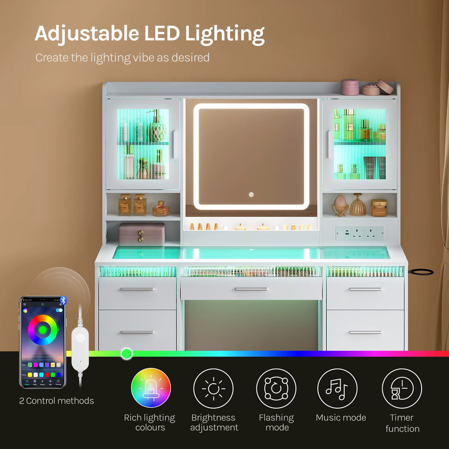 WOLTU Schminktisch mit RGB-Beleuchtung, 9 Schubladen und 2 Schränken in Weiß - Bild 3