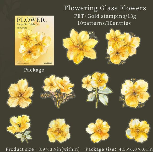 NATAWA Vintage Blumen PET Aufkleber in Gelb für kreatives DIY Journaling und Collage - Bild 1