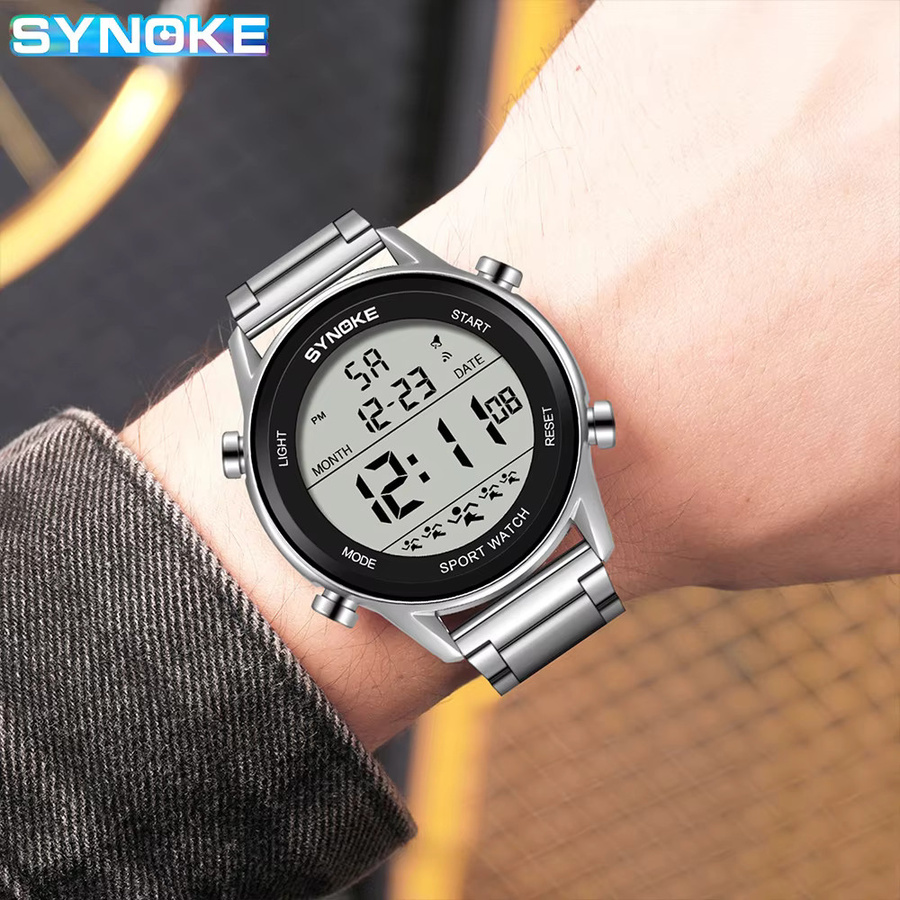 SYNOKE Digitaluhr, Edelstahl, Schwarz, Silber, Herren - Bild 4