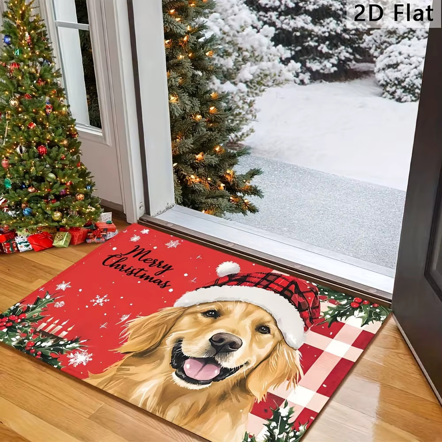 VIKAMA Weihnachts-Bodenmatte mit Golden Retriever-Aufdruck, rutschfest und waschbarer Badezimmerteppich zur Heimdekoration - Bild 3