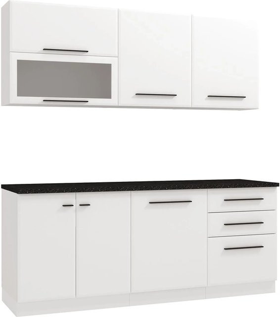 Homestyle4u Moderne Küchenzeile in Marmorierter Steinoptik mit Glastüren, Breite: 200 cm, Tiefe: 60 cm, Höhe: 85 cm - Bild 1
