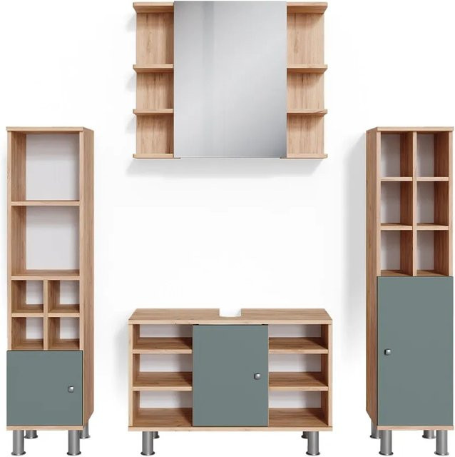 Vicco Badmöbelset Fynn in Grün und Goldkraft Eiche, 4-teiliges Set mit Waschtischunterschrank 80 cm, Spiegelschrank und Midischrank - Bild 2