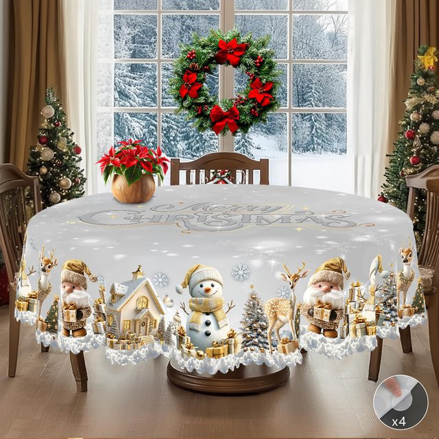 JINGYUE Pet Weihnachts-Tischdecke im Vintage-Bauernhaus-Stil mit Weihnachtsmann, Rentier und Weihnachtsbaum, weiß, B: 140 cm, T: 180 cm - Bild 1