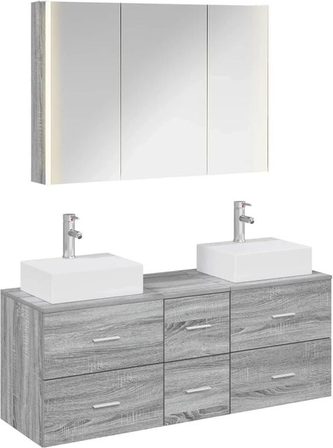 vidaXL Badezimmermöbel-Set 4-teilig in Grau, modern mit Spiegelschrank und Waschtischunterschrank aus Ingenieurholz und Glas, inklusive LED-Beleuchtung - Bild 1