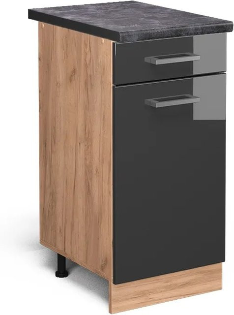 Vicco Küchenunterschrank R-Line Anthrazit Hochglanz und Goldkraft Eiche, Breite: 40 cm, Höhe: 81,6 cm, Tiefe: 60 cm - Bild 1