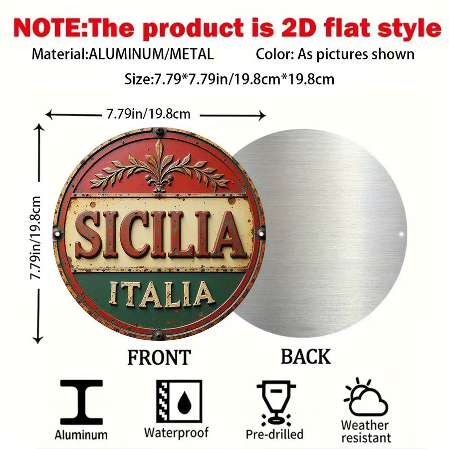Potdemiel Vintage-Wandkunst aus Metall Sicilia Italia – 2D-Flachschild aus Aluminium in Rot zur Wandmontage - Bild 2