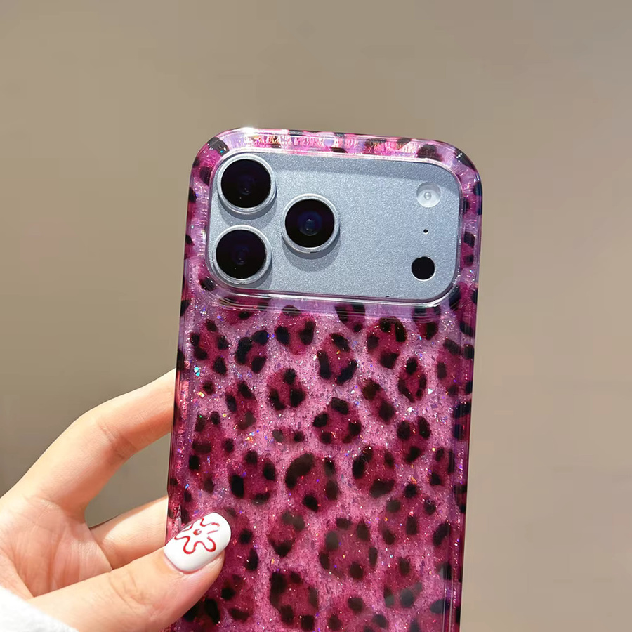 Apple iPhone Schutzhülle mit Glitzer-Rose und Leopardenmuster in Rot, Schwarz und Pink, stoßfest für iPhone 17, 16, 15, 14 und 13 Pro Max - Bild 4