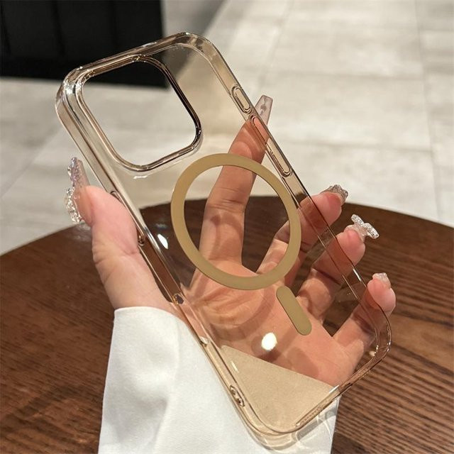 Yiran Bag MagSafe Schutzhülle für iPhone 11 bis 16 Pro Max Plus, Transparent mit Gold-Akzenten, Magnetische kabellose Ladung, Stoßfest, Farbe: Braun - Bild 1