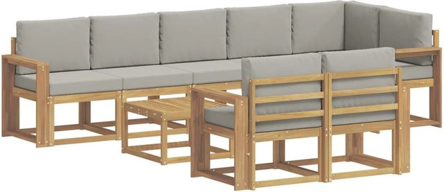 vidaXL Outdoor-Sofagarnitur L-Form aus massivem Akazienholz mit Kissen, 9-teilig, Weiß-Hellgrau - Bild 1