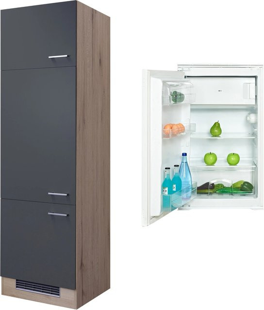 Flex-Well Exclusiv Kühlschrank-Einbauschrank Morena in Grau mit Eichenoptik und Scharniertüren - Bild 1