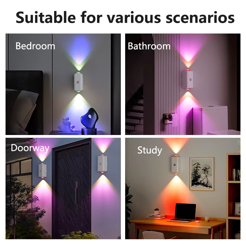 LED-Nachtlicht mit Bewegungsmelder und Doppelkopf, wiederaufladbar über USB, kabellose magnetische Wandlampe mit RGB-Regenbogen-Farbverlauf für Schlafzimmer und Heimdekoration, Weiß/Multicolour - Bild 3