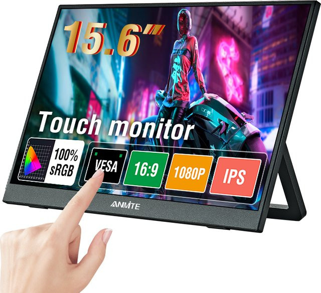 Anmite Tragbarer 15,6 Zoll Touch-Monitor mit Full HD 1080P HDR IPS Display in Schwarz mit USB-C und HDMI Anschluss für Laptop, Smartphone und Gaming-Konsolen - Bild 1