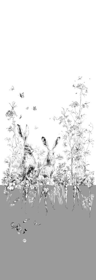 Edmond Petit Tapete Lièvres gauche in Grau mit Tier- und Blumenmotiven aus Vlies - Bild 1