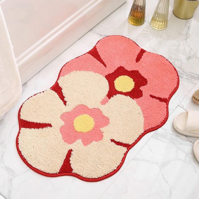 VIKAMA Blumen Fleece-Teppich in Weiß, rutschfest und wasserabsorbierend für Badezimmer und Eingangsbereich - Bild 1