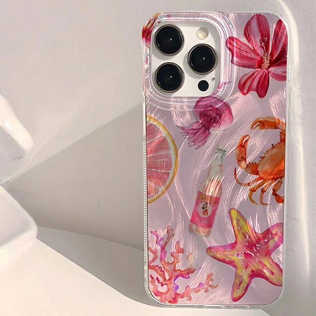 Handyhülle von Yiran mit rosa Herz, Seestern, Koralle und Qualle Muster für iPhone 16 15 14 13 12 11 Pro Max XS X XR 7 8 Plus SE2 in Pink und Multicolour - Bild 1